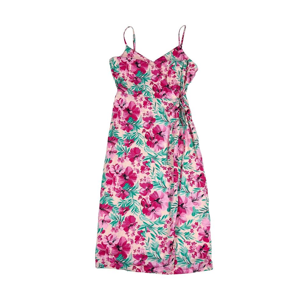 J Crew Floral Wrap Midi Dress Women 6 Pink Green Cotton Resort Sundress Tropical